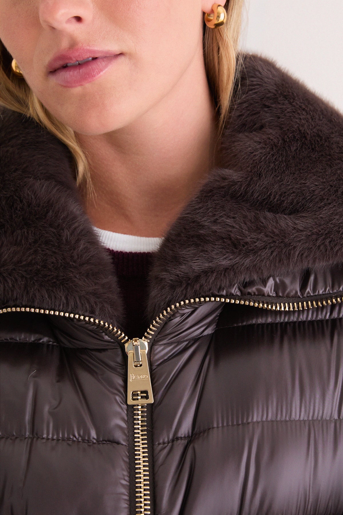Dark Brown Elisa Ecofur Nylon Ultralight Fitted Coat with Faux Mink Collar