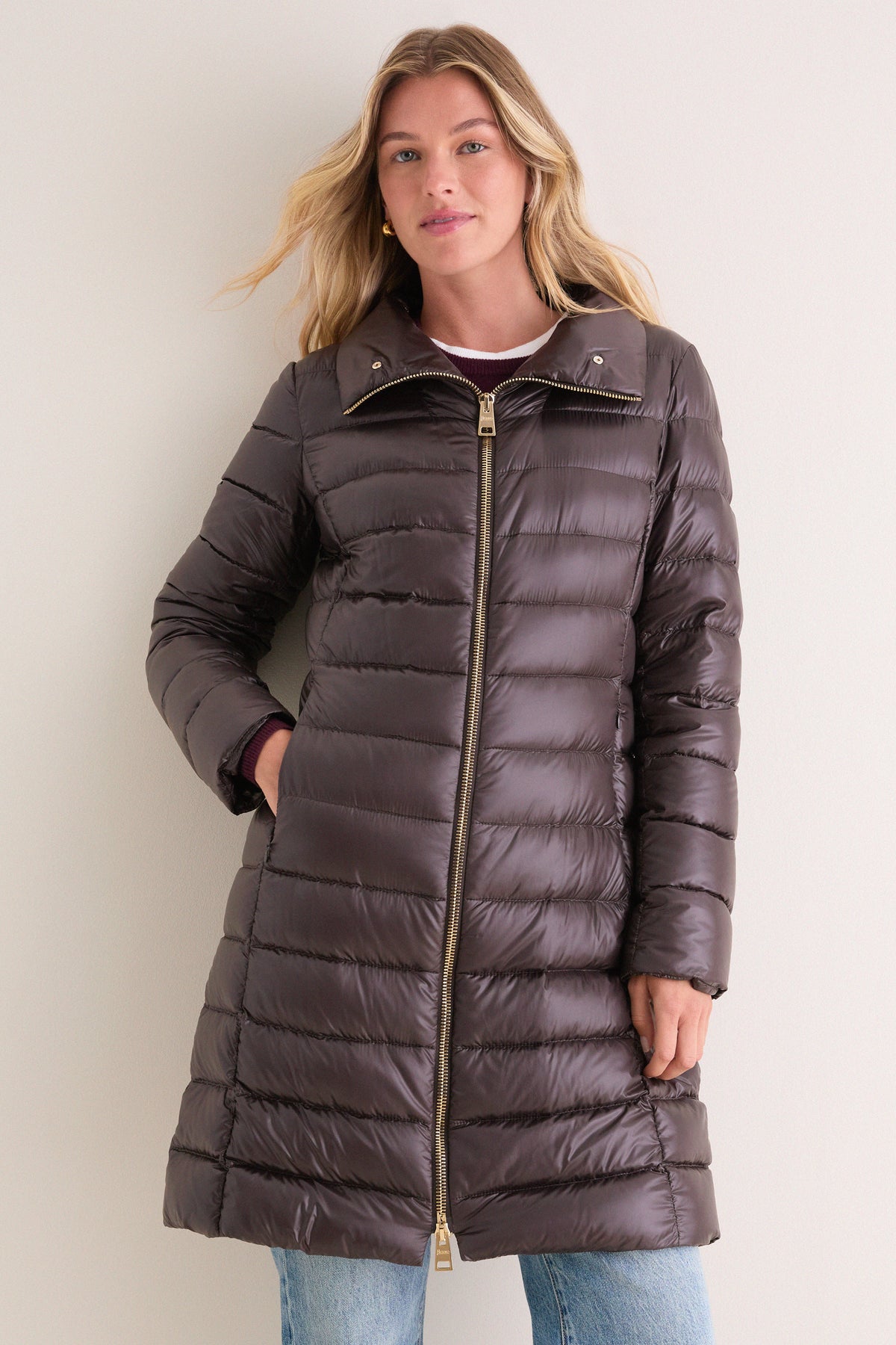 Dark Brown Elisa Ecofur Nylon Ultralight Fitted Coat with Faux Mink Collar