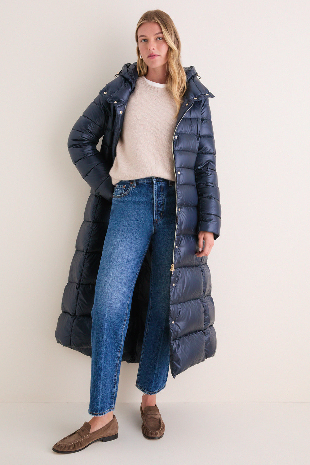 Navy Nylon Ultralight Fitted Maxi Coat with Detachable Hood