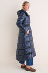 Navy Nylon Ultralight Fitted Maxi Coat with Detachable Hood