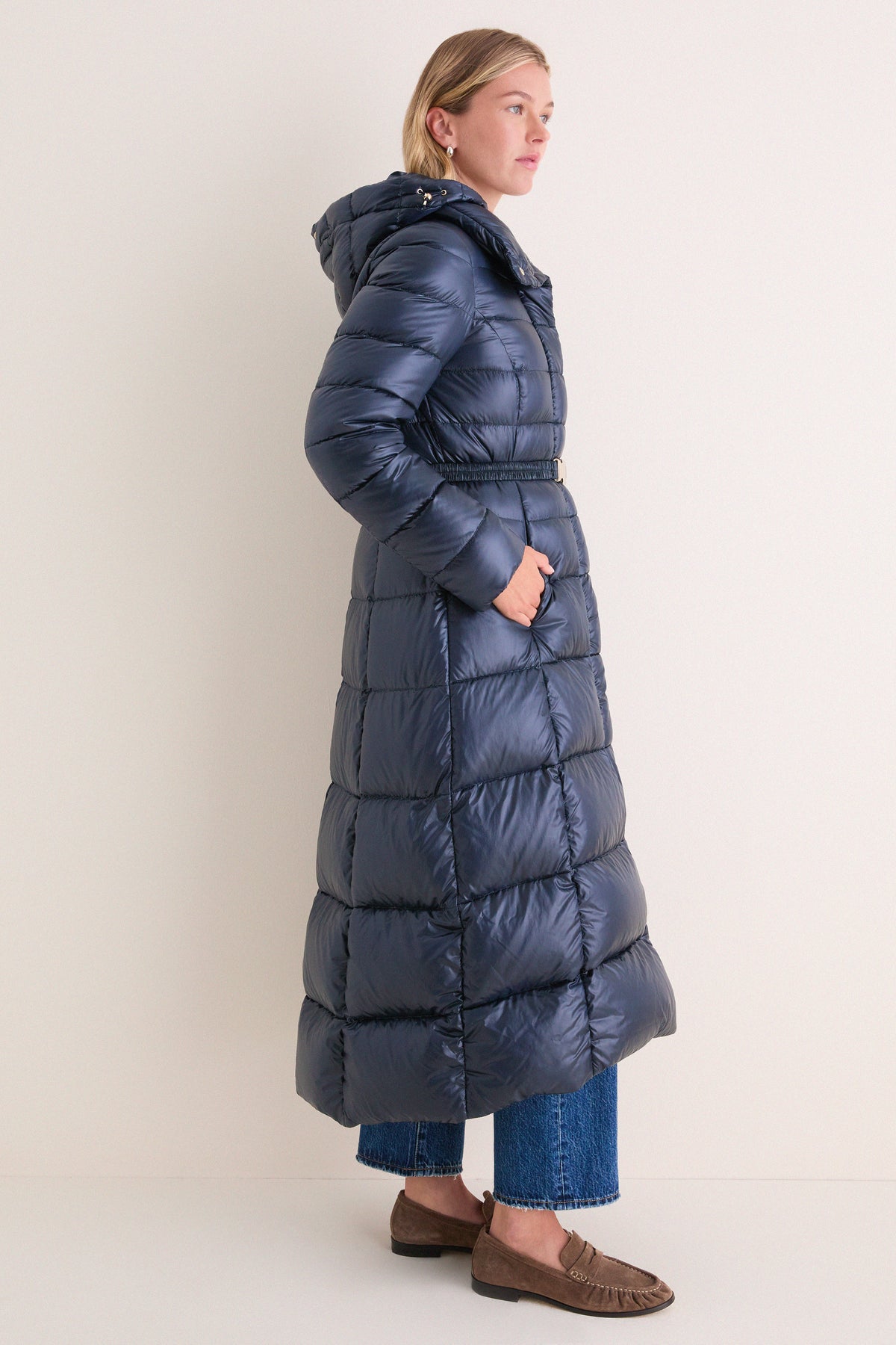 Navy Nylon Ultralight Fitted Maxi Coat with Detachable Hood