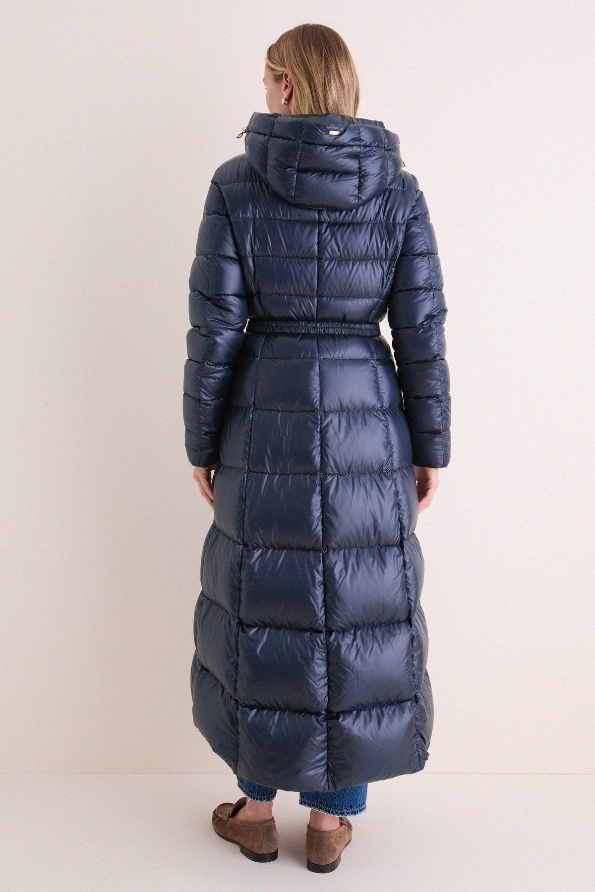 Navy Nylon Ultralight Fitted Maxi Coat with Detachable Hood