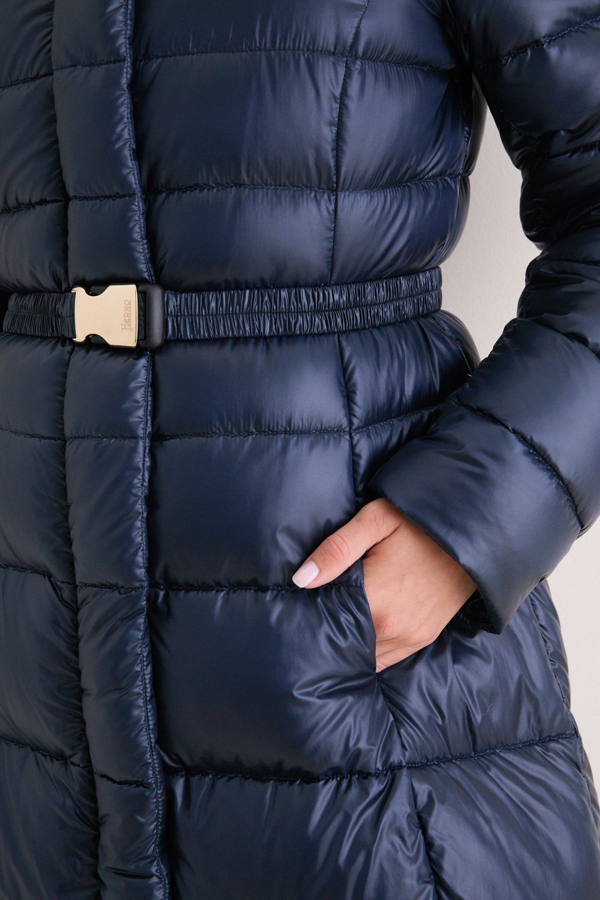 Navy Nylon Ultralight Fitted Maxi Coat with Detachable Hood