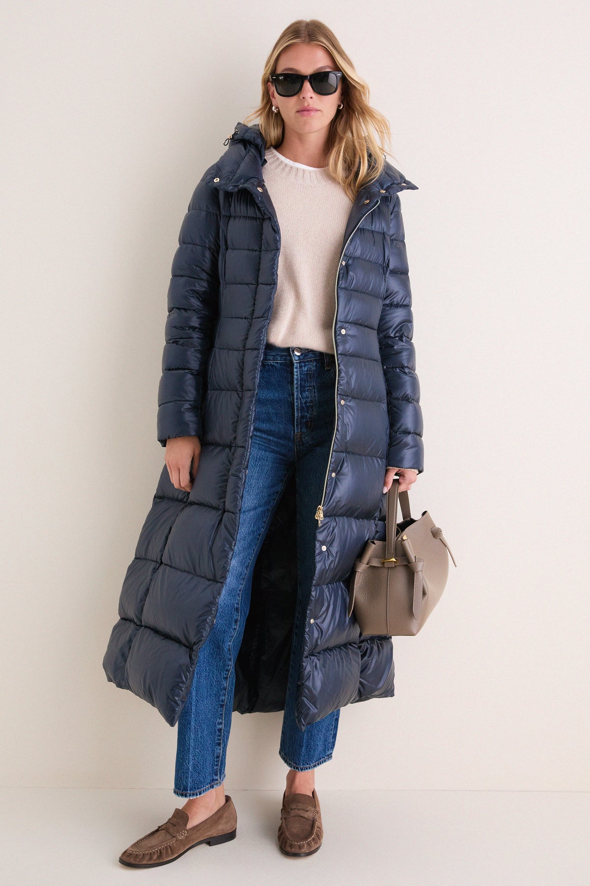 Navy Nylon Ultralight Fitted Maxi Coat with Detachable Hood