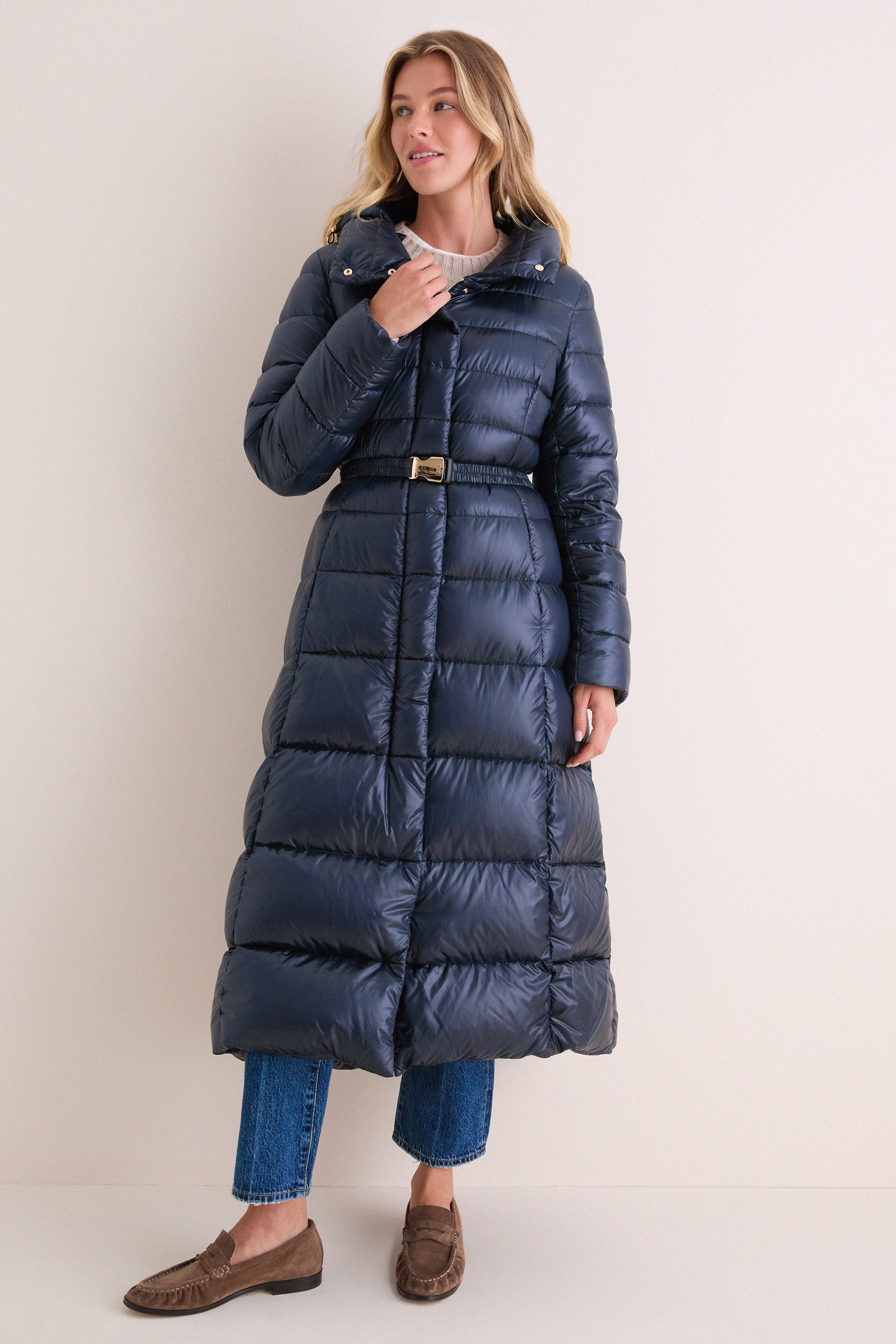Navy Nylon Ultralight Fitted Maxi Coat with Detachable Hood | HERNO