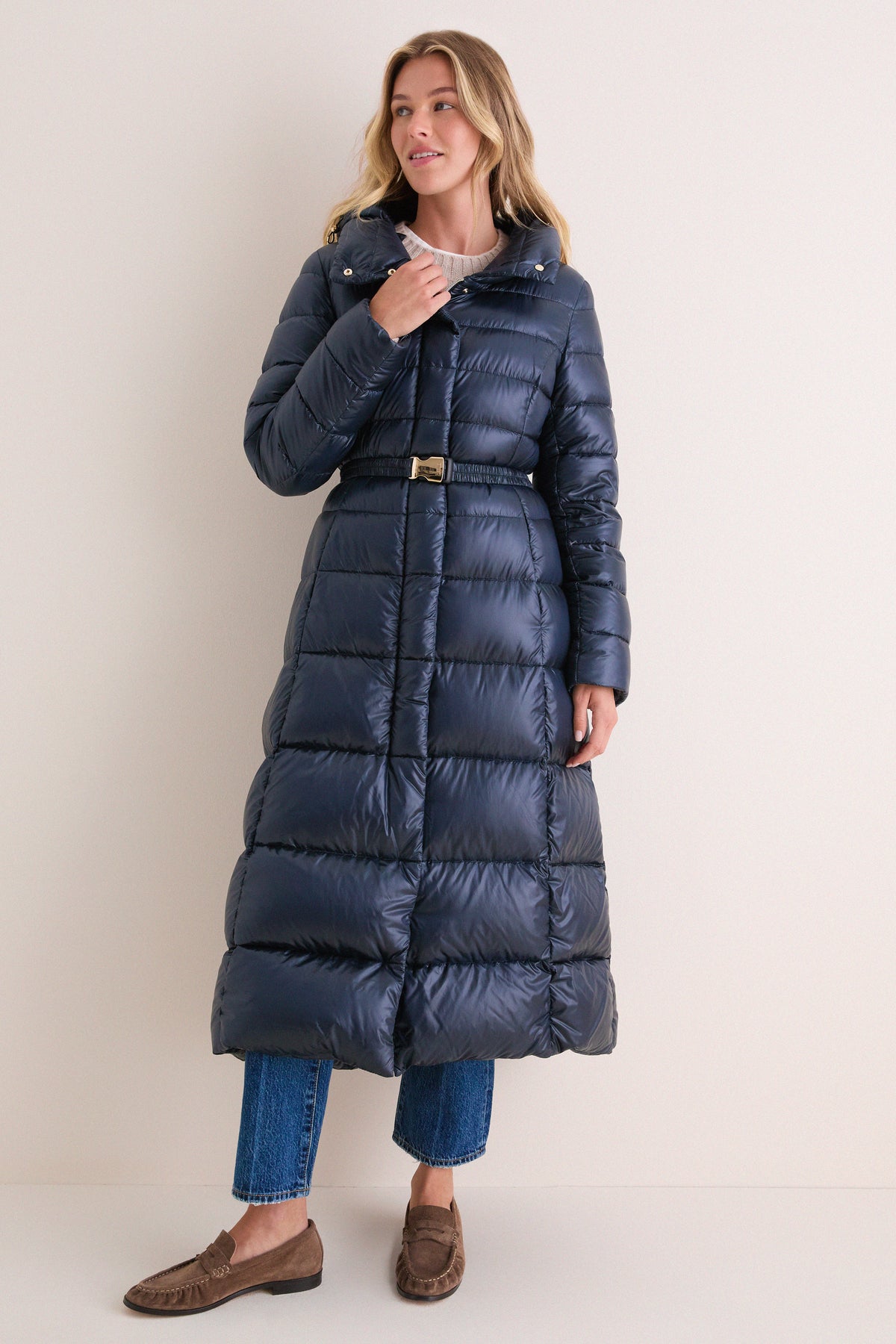 Navy Nylon Ultralight Fitted Maxi Coat with Detachable Hood