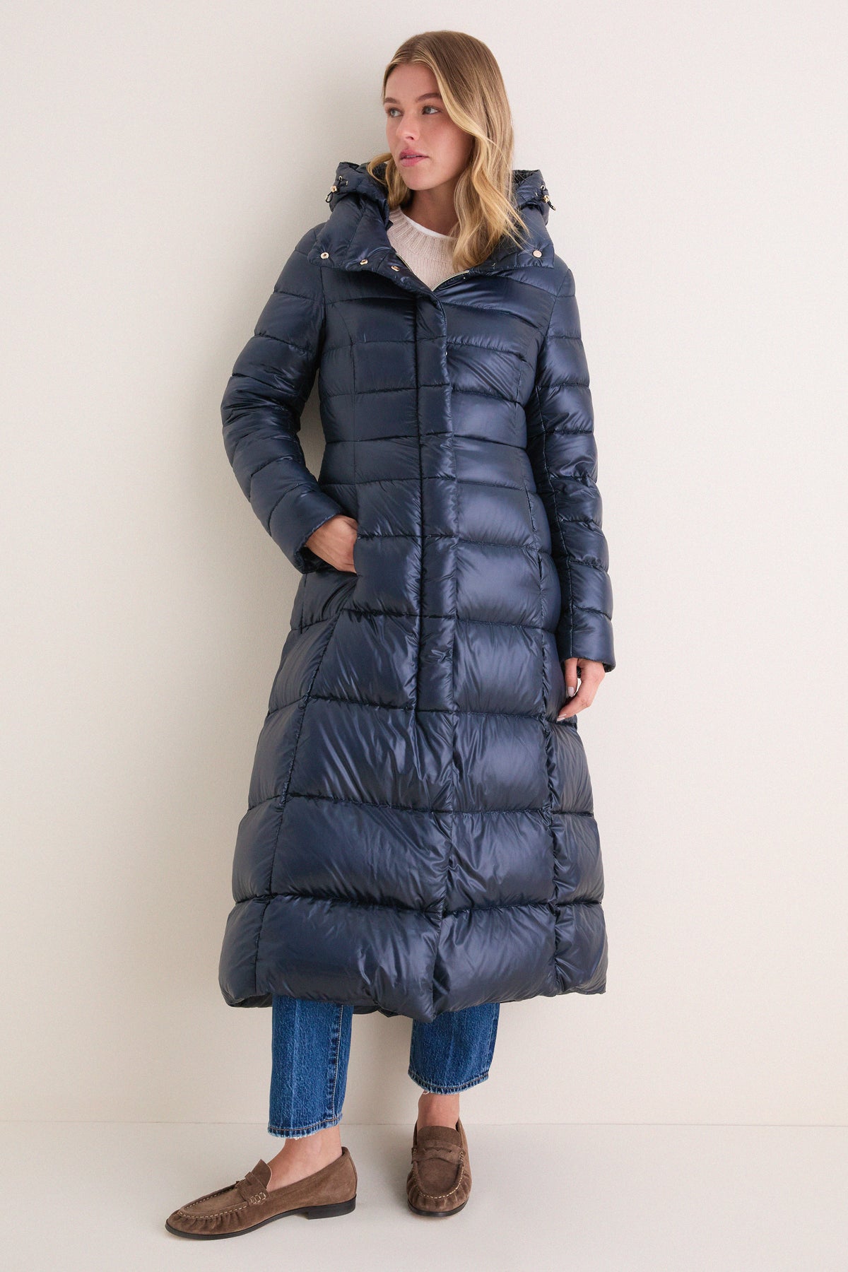 Navy Nylon Ultralight Fitted Maxi Coat with Detachable Hood