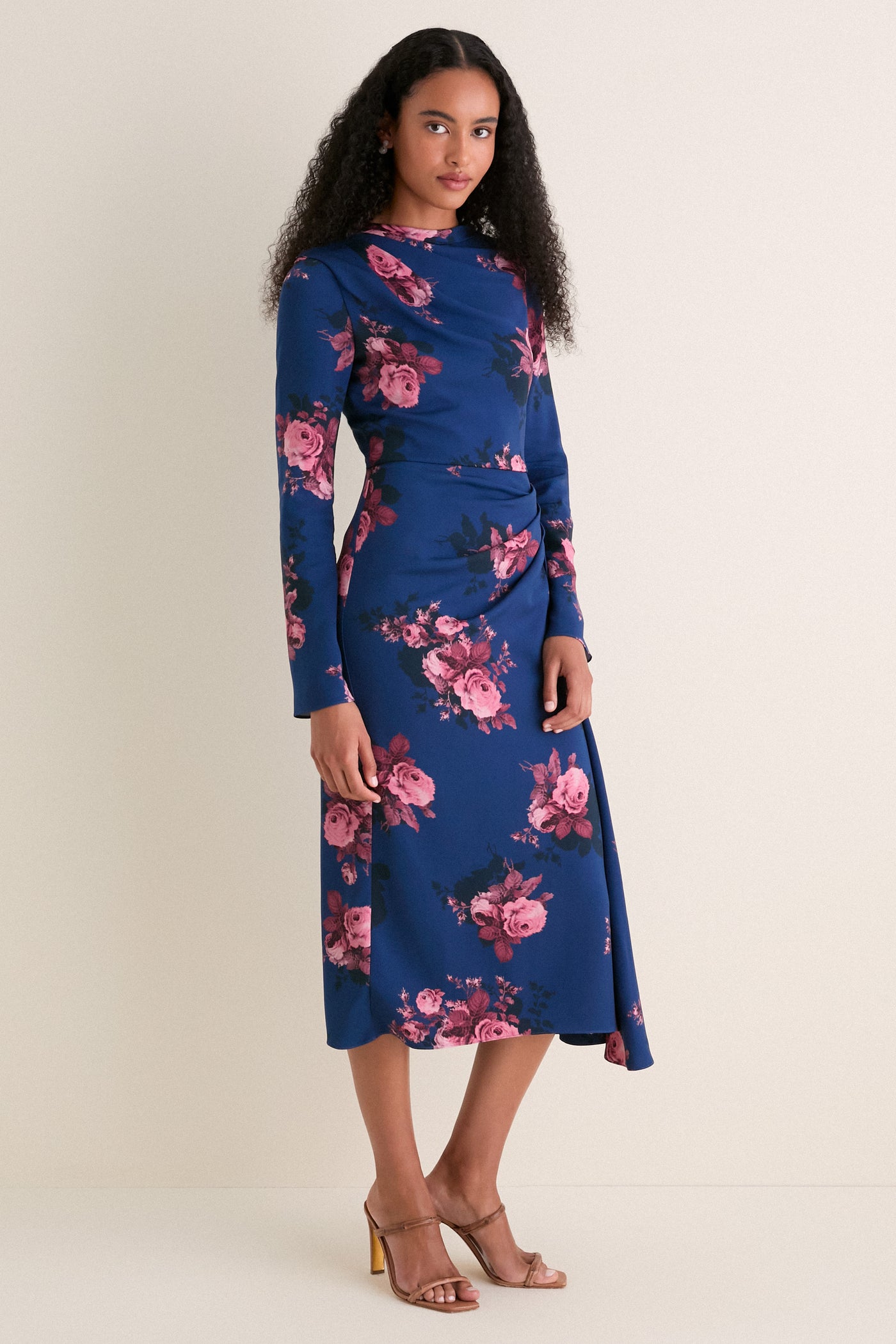 Margot Bouquet Ink Stretched Cady Long Sleeve Draped Midi Dress
