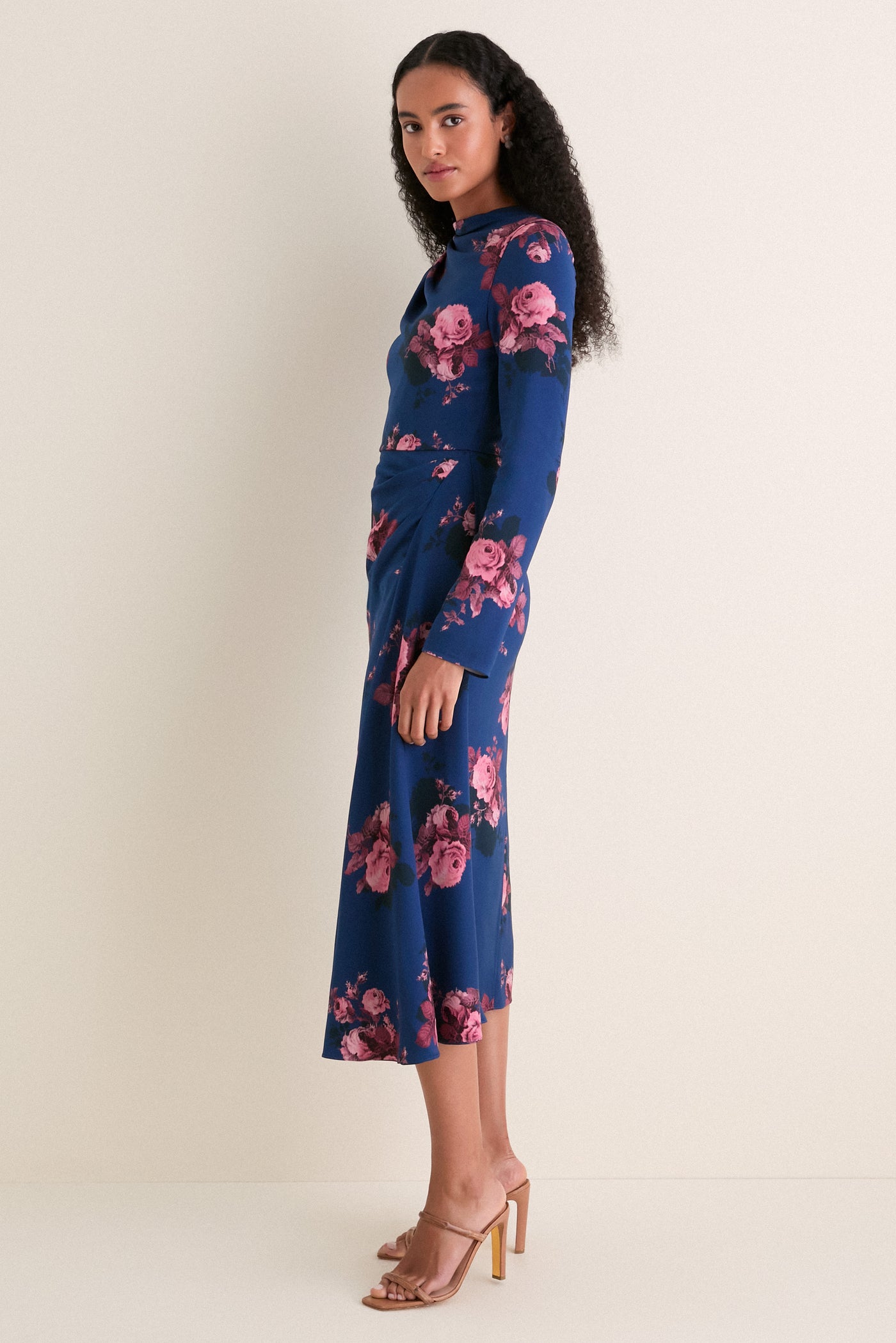 Margot Bouquet Ink Stretched Cady Long Sleeve Draped Midi Dress