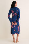Margot Bouquet Ink Stretched Cady Long Sleeve Draped Midi Dress