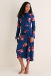 Margot Bouquet Ink Stretched Cady Long Sleeve Draped Midi Dress