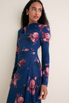 Margot Bouquet Ink Stretched Cady Long Sleeve Draped Midi Dress