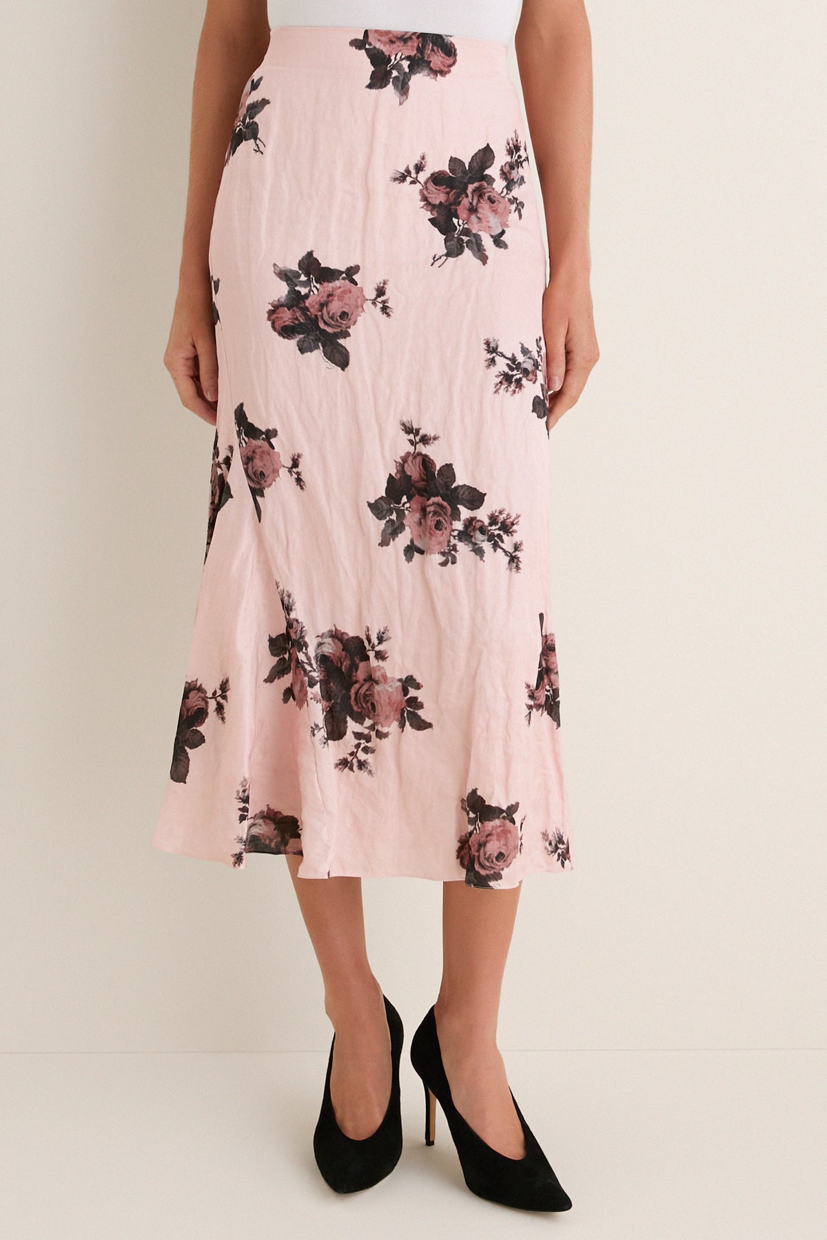 Margot Bouquet Petal Pink Crushed Fluid Satin Draped Midi Skirt