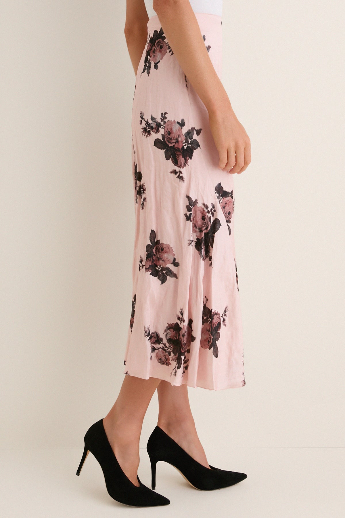 Margot Bouquet Petal Pink Crushed Fluid Satin Draped Midi Skirt