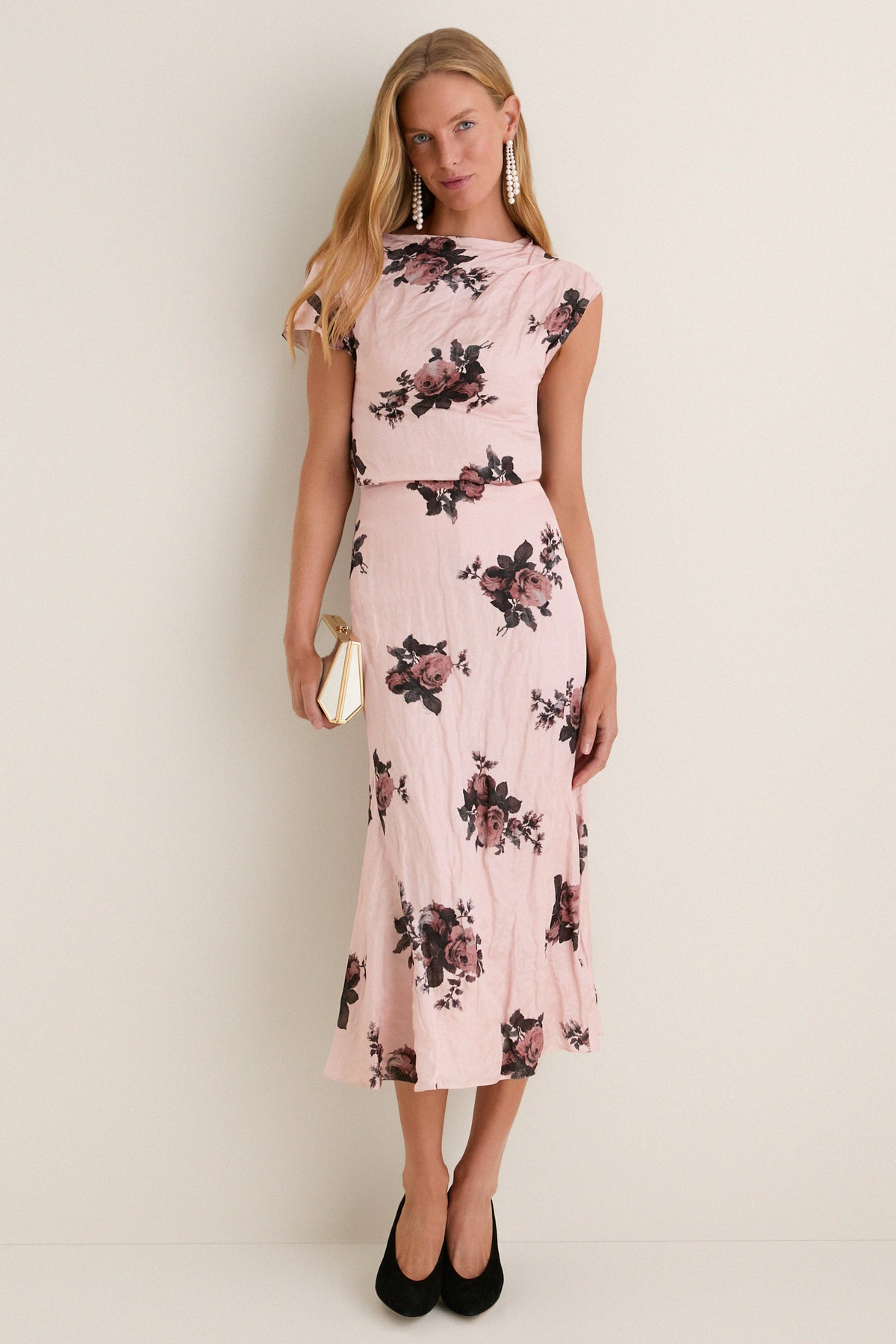 Margot Bouquet Petal Pink Crushed Fluid Satin Draped Midi Skirt