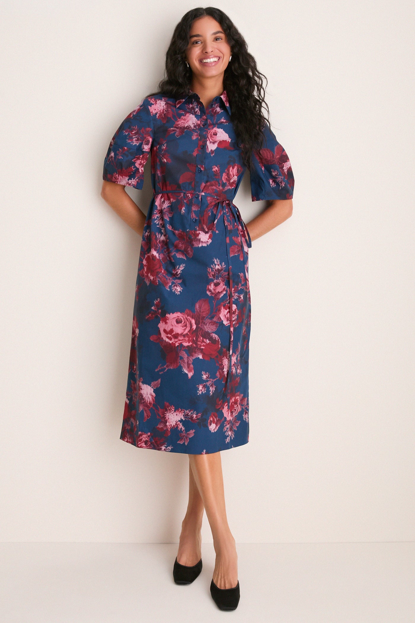Margot Rose Navy Heavy Cotton Poplin Short Sleeve Midi Dress