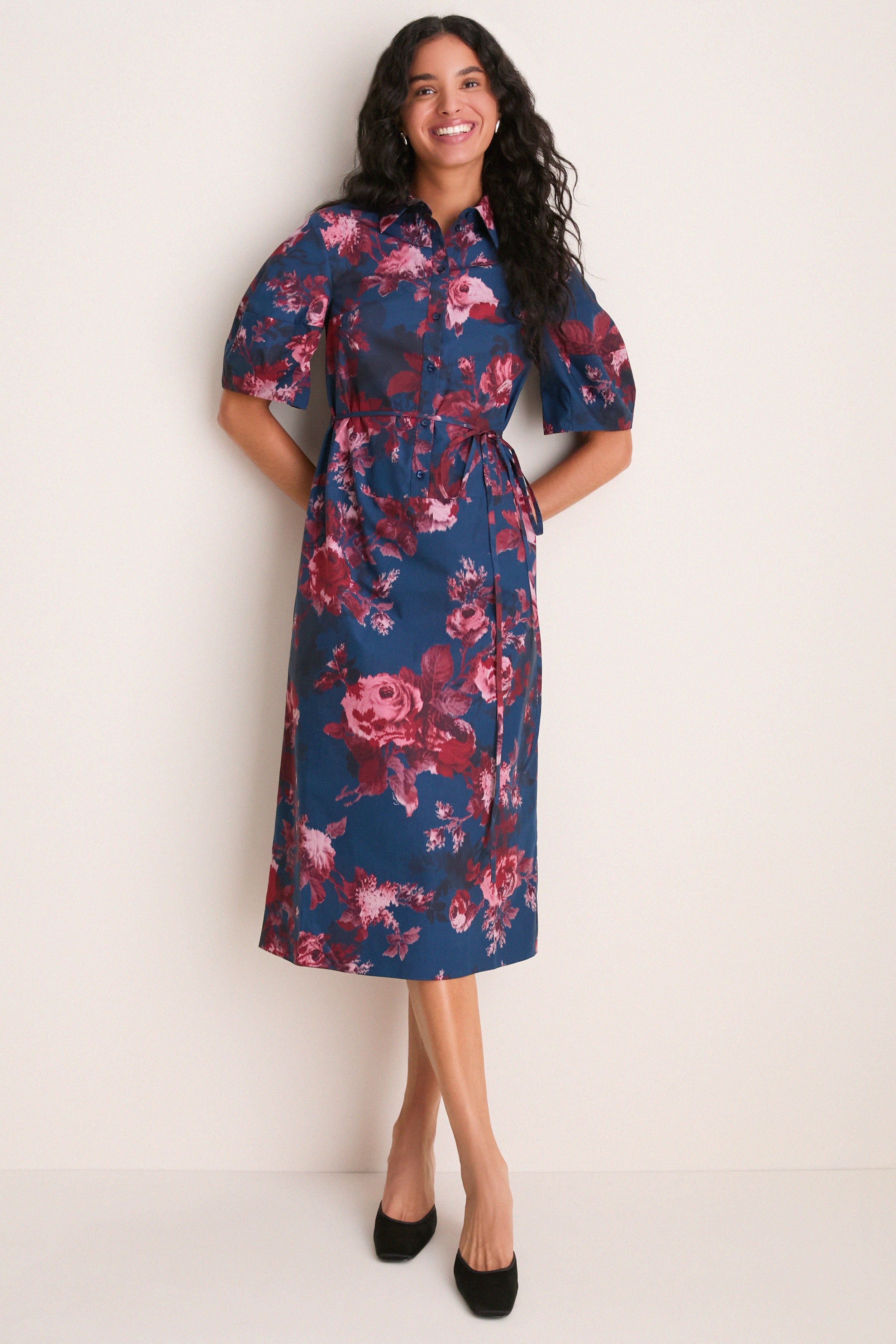 Margot Rose Navy Heavy Cotton Poplin Short Sleeve Midi Dress
