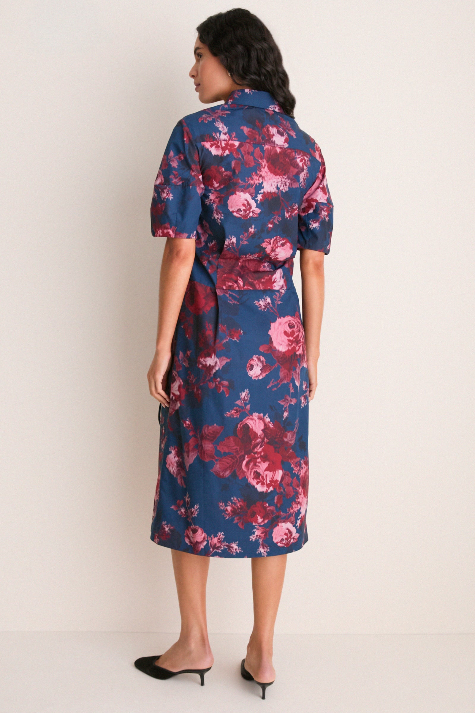 Margot Rose Navy Heavy Cotton Poplin Short Sleeve Midi Dress