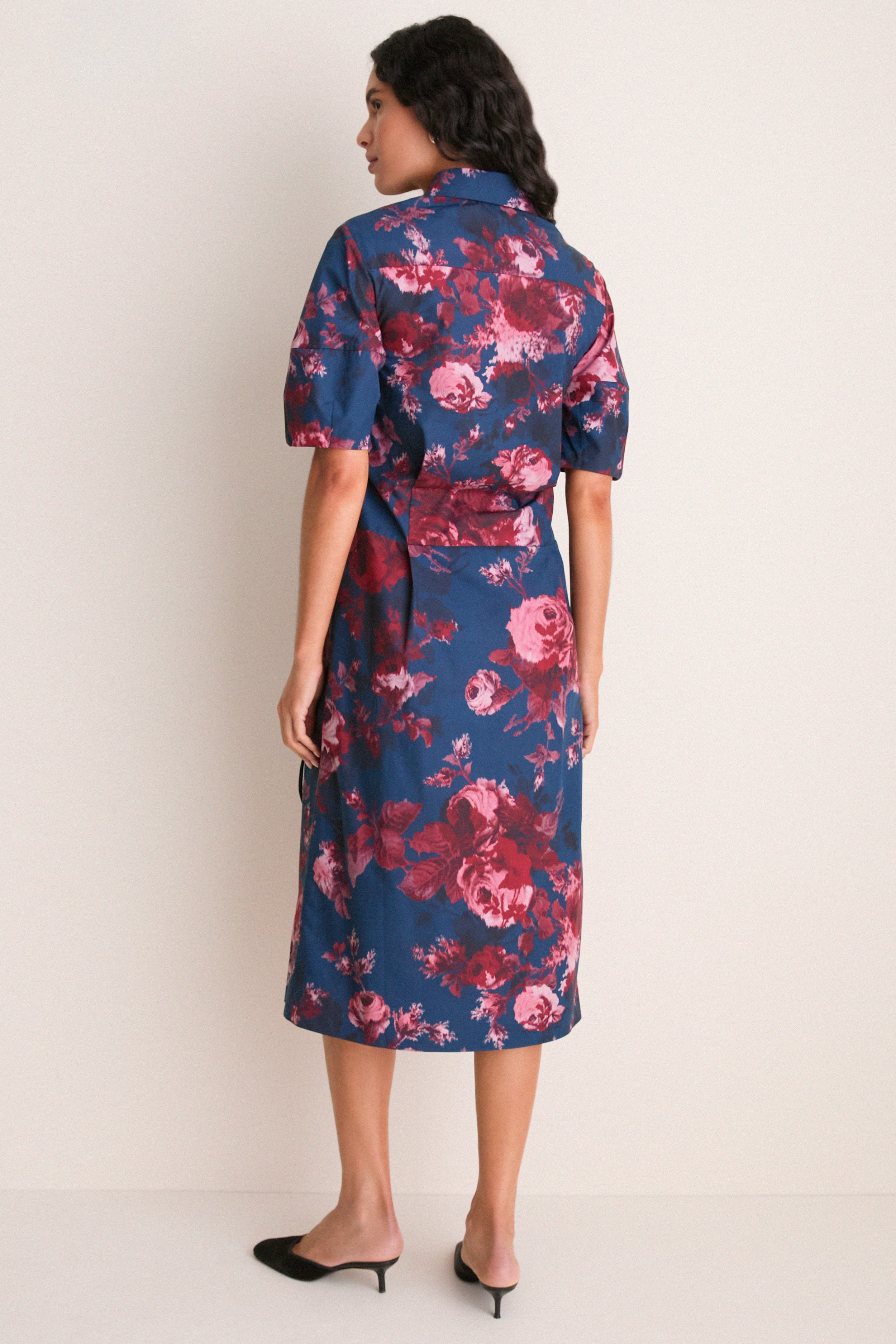 Margot Rose Navy Heavy Cotton Poplin Short Sleeve Midi Dress