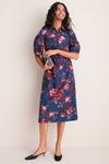 Margot Rose Navy Heavy Cotton Poplin Short Sleeve Midi Dress