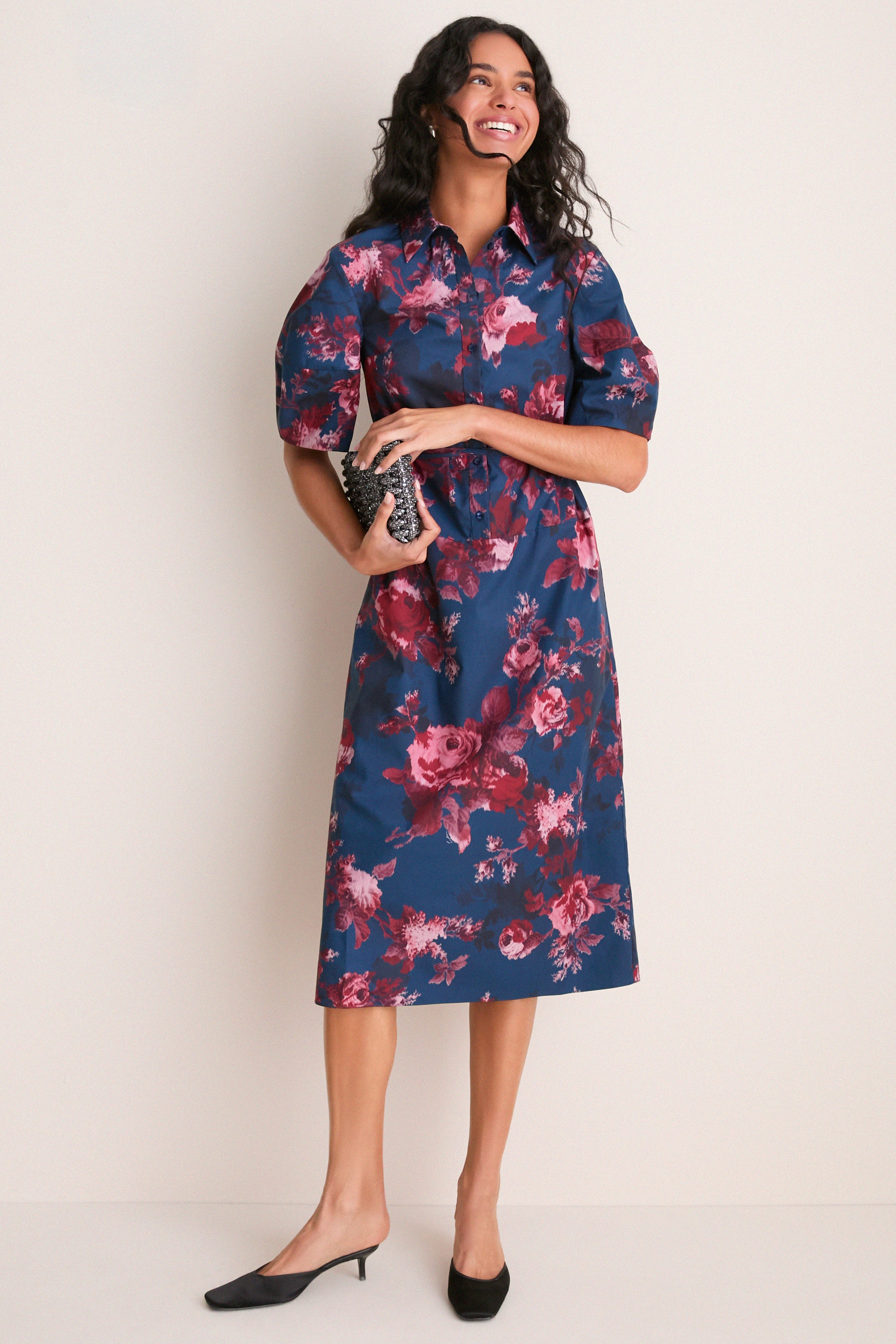 Margot Rose Navy Heavy Cotton Poplin Short Sleeve Midi Dress