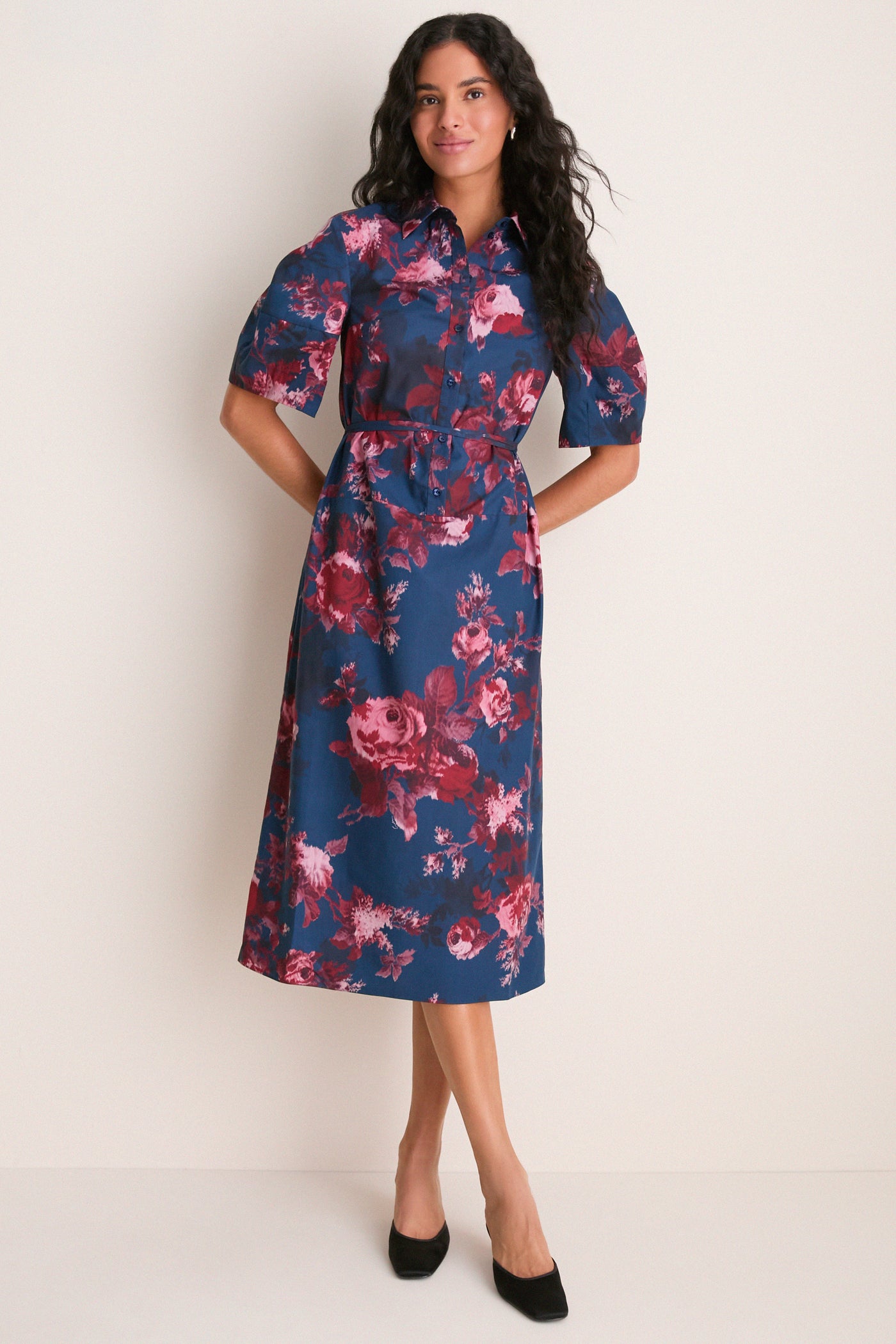 Margot Rose Navy Heavy Cotton Poplin Short Sleeve Midi Dress