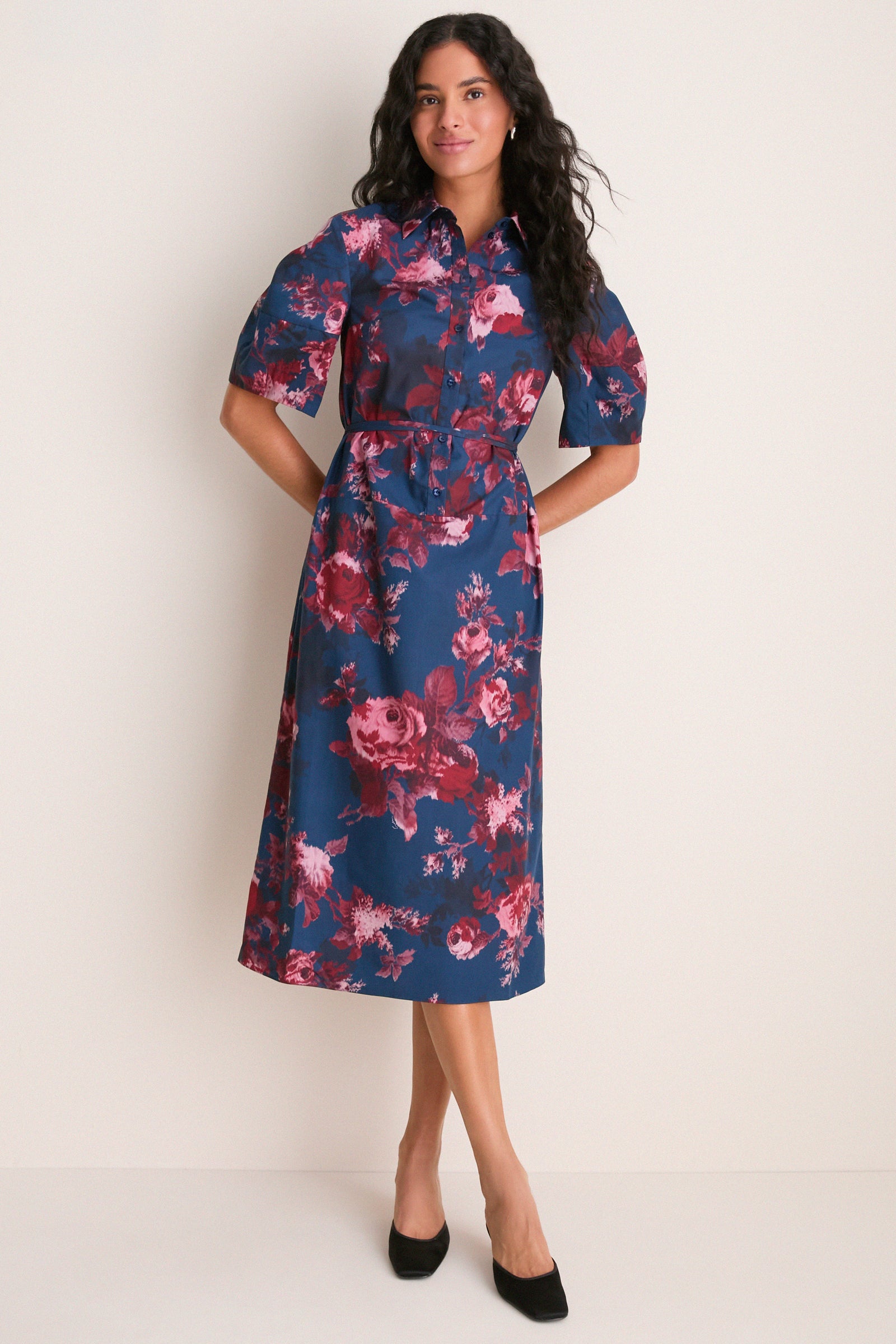 Margot Rose Navy Heavy Cotton Poplin Short Sleeve Midi Dress