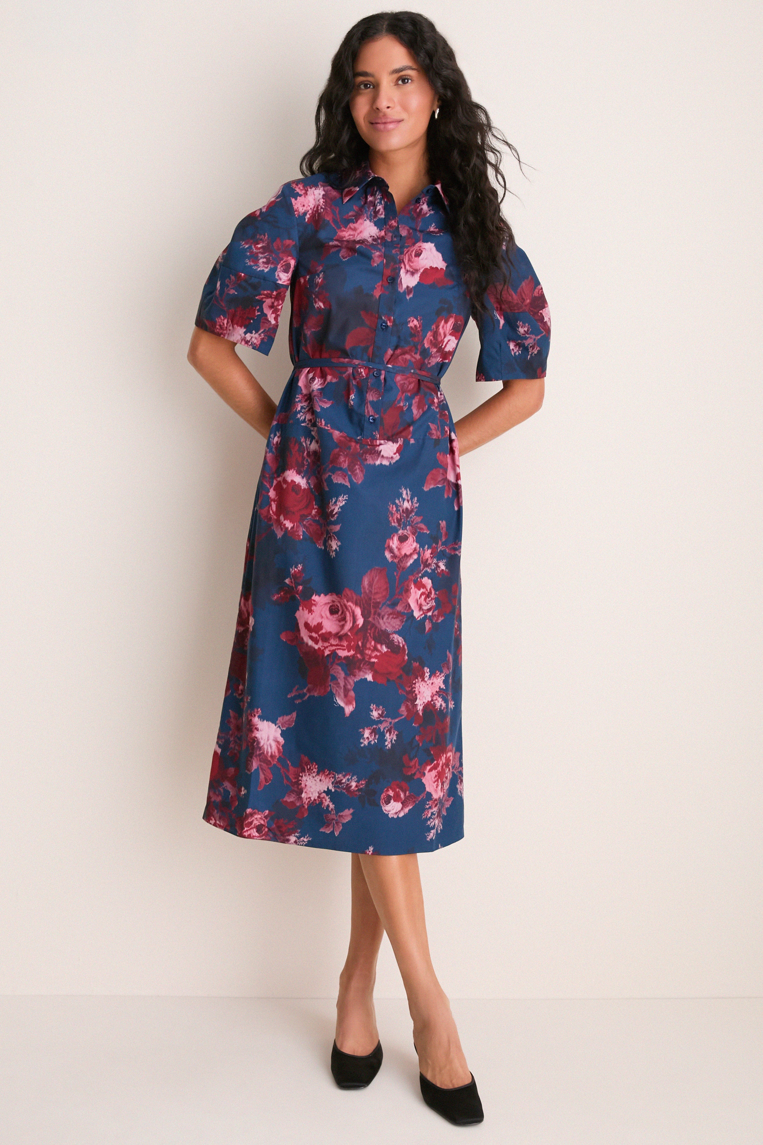 Margot Rose Navy Heavy Cotton Poplin Short Sleeve Midi Dress