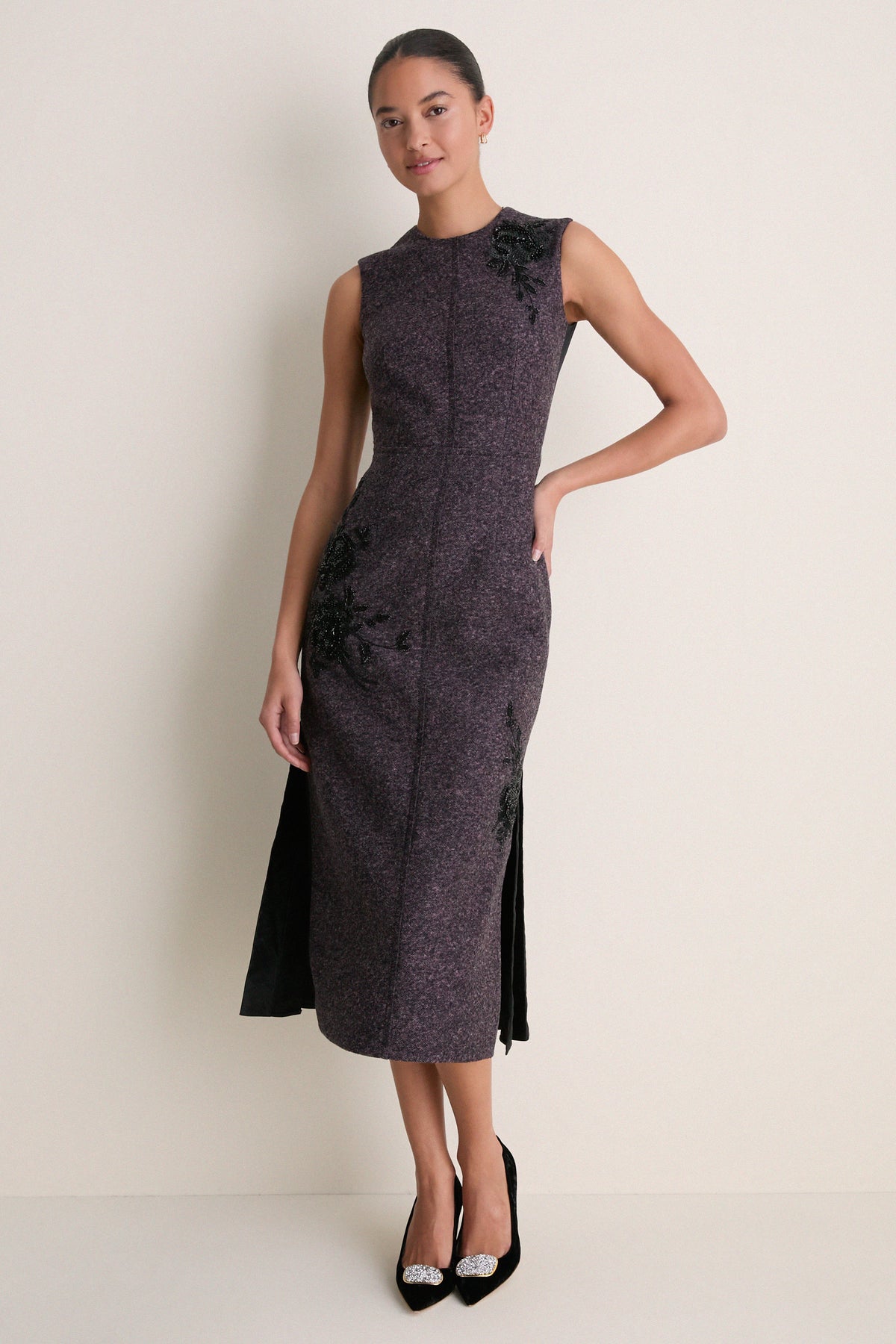 Black and Pink Speckled Wool Sleeveless Midi Dress