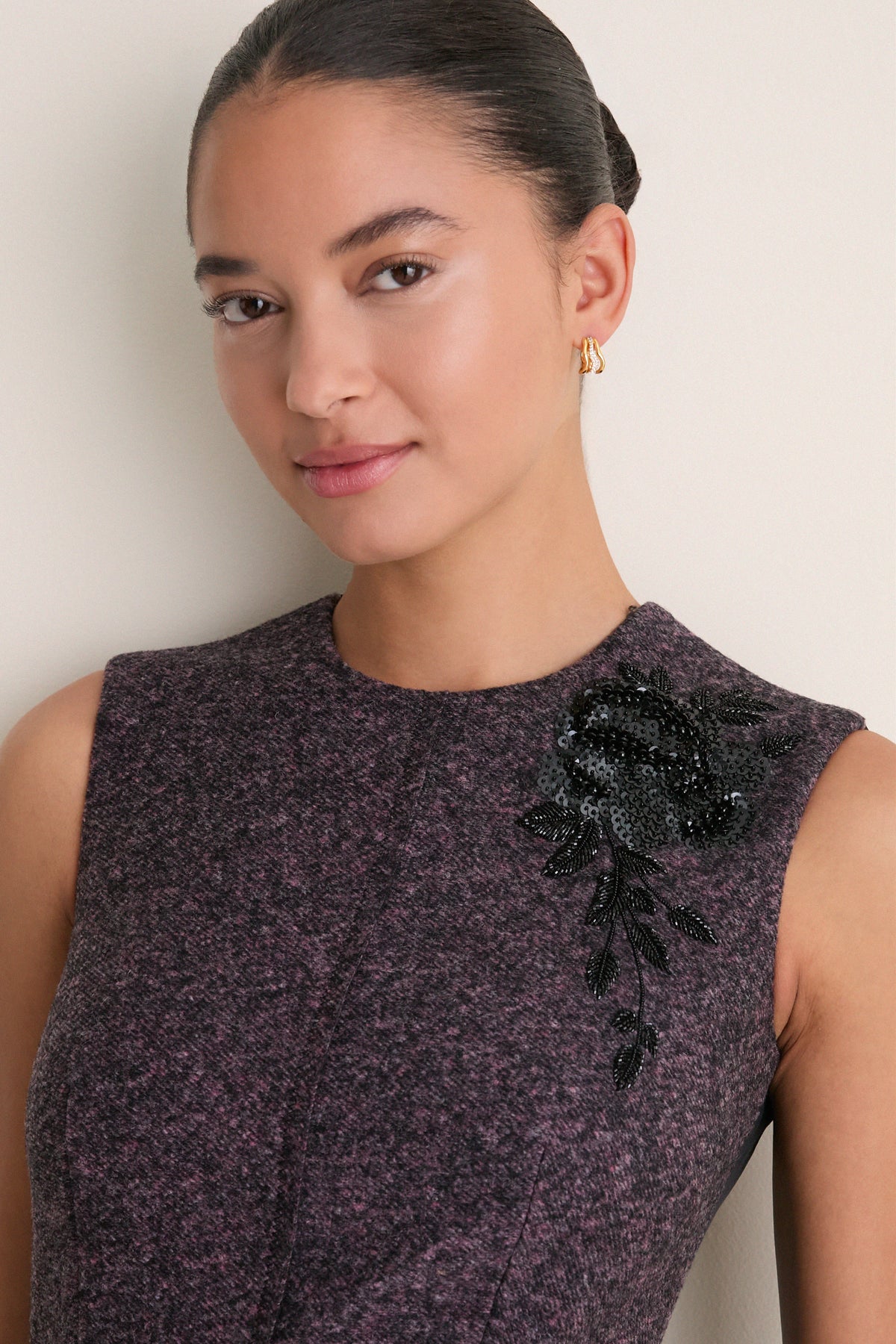 Black and Pink Speckled Wool Sleeveless Midi Dress