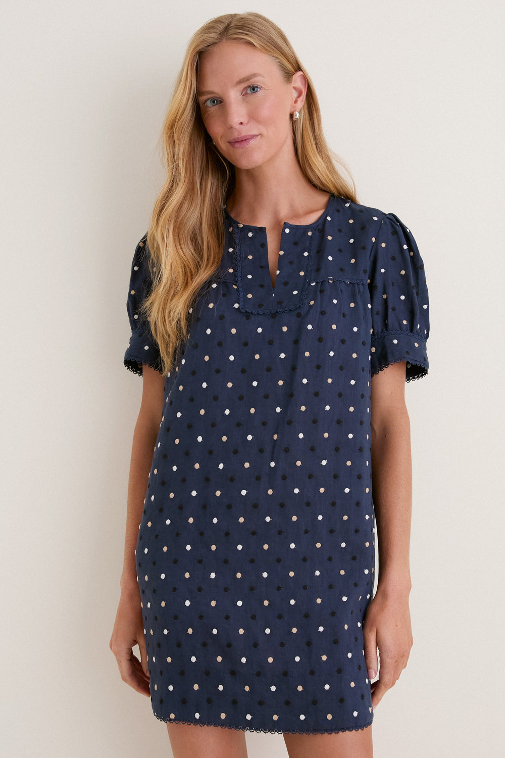 mini dress silhouette names short shape name shoulder V Tuckernuck Navy Embroidered Dot Linen