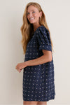 Navy Embroidered Dot Linen Bridget Dress