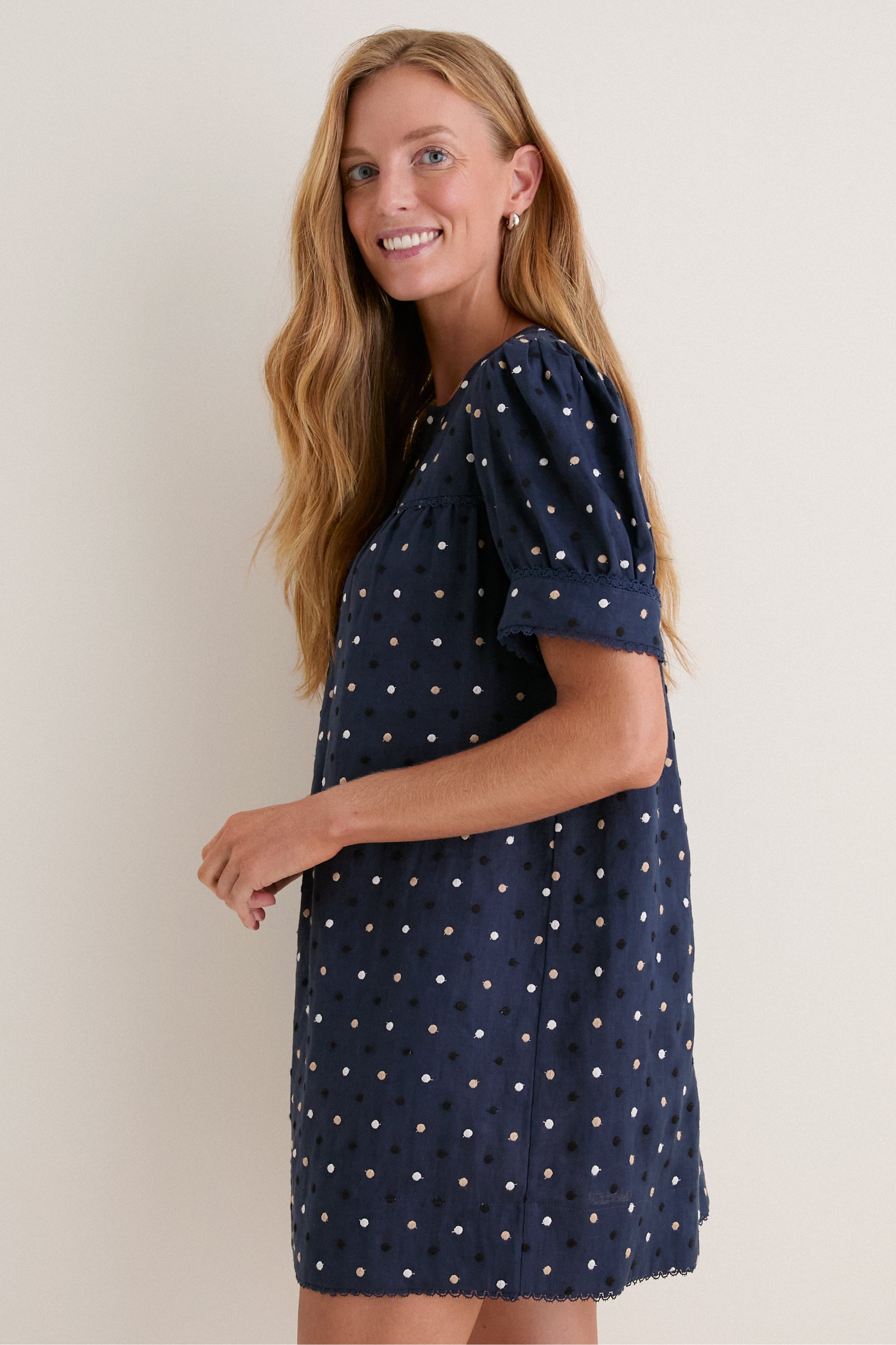 Navy Embroidered Dot Linen Bridget Dress