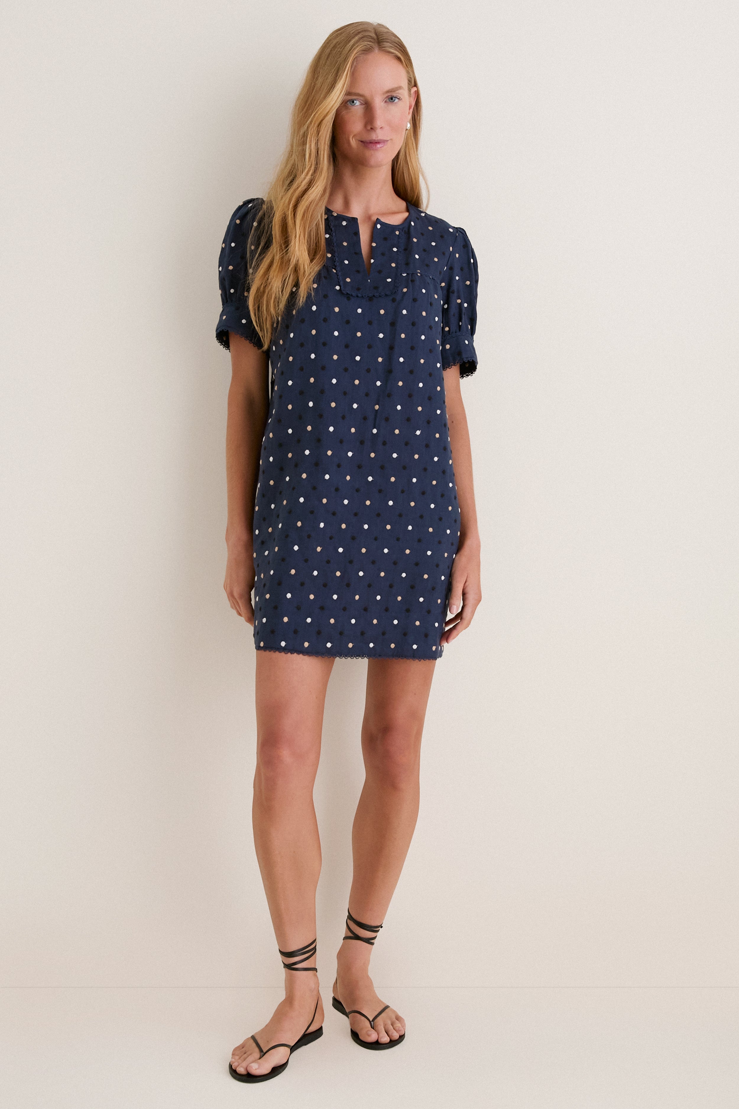 Navy Embroidered Dot Linen Bridget Dress