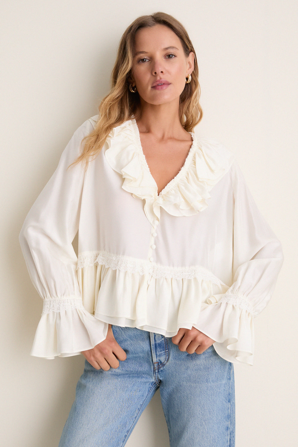 Egret Viscose Silk Habotai Frill Blouse