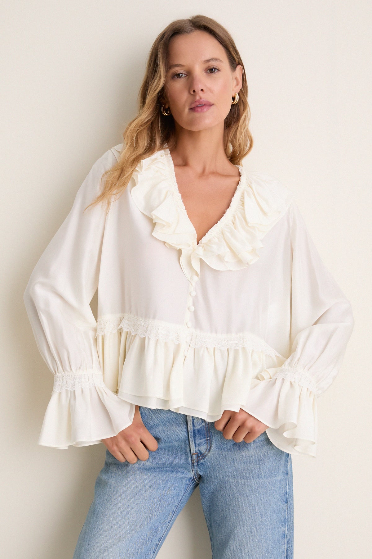 Egret Viscose Silk Habotai Frill Blouse