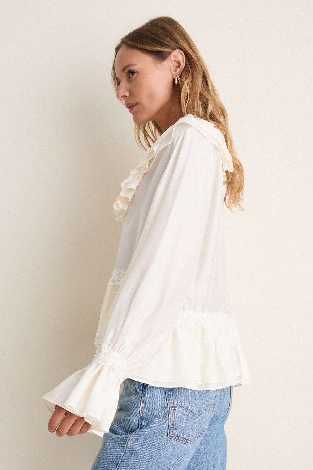 Egret Viscose Silk Habotai Frill Blouse