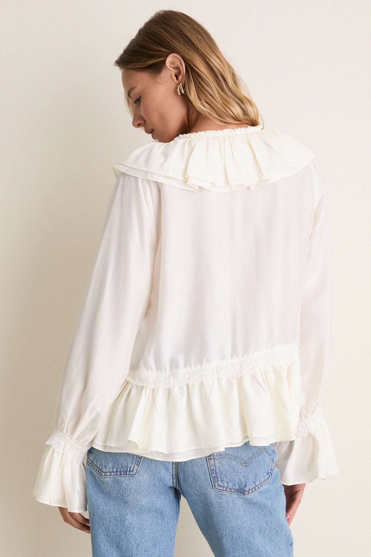 Egret Viscose Silk Habotai Frill Blouse
