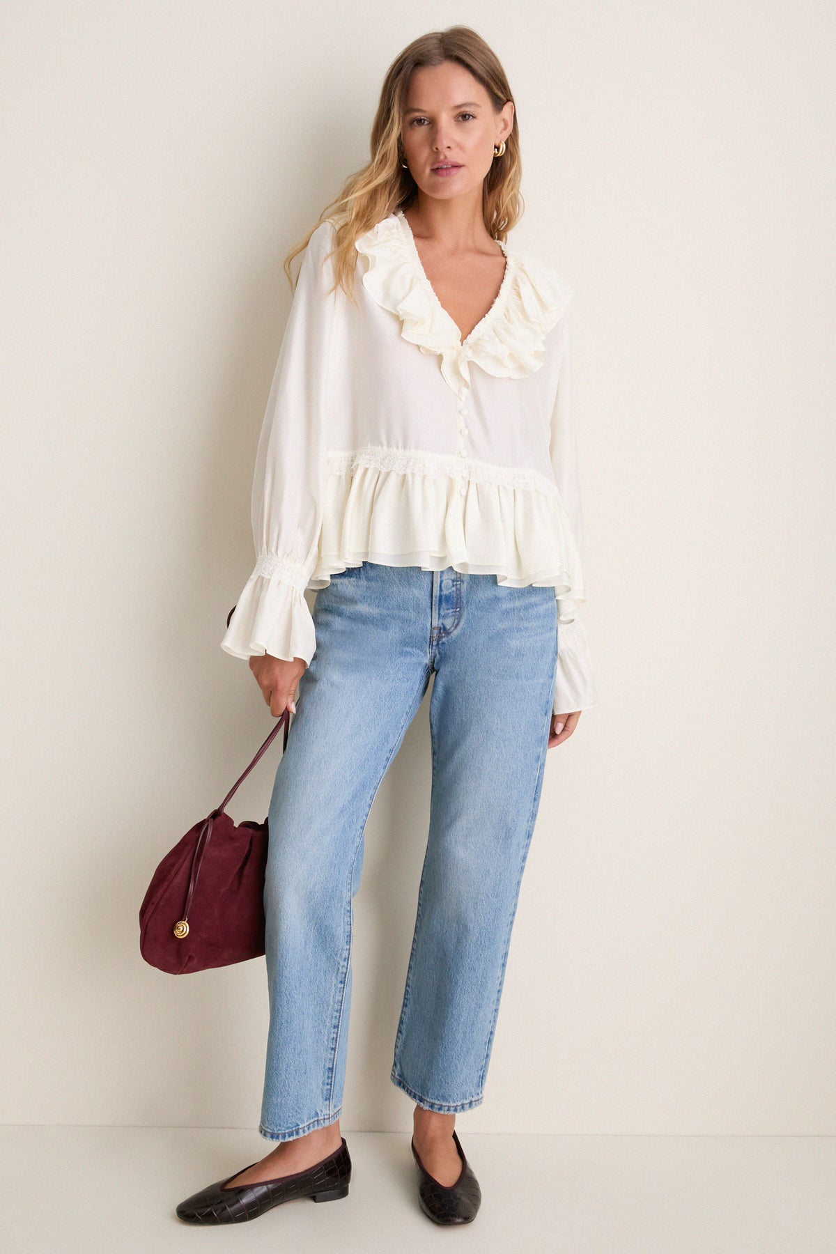 Egret Viscose Silk Habotai Frill Blouse