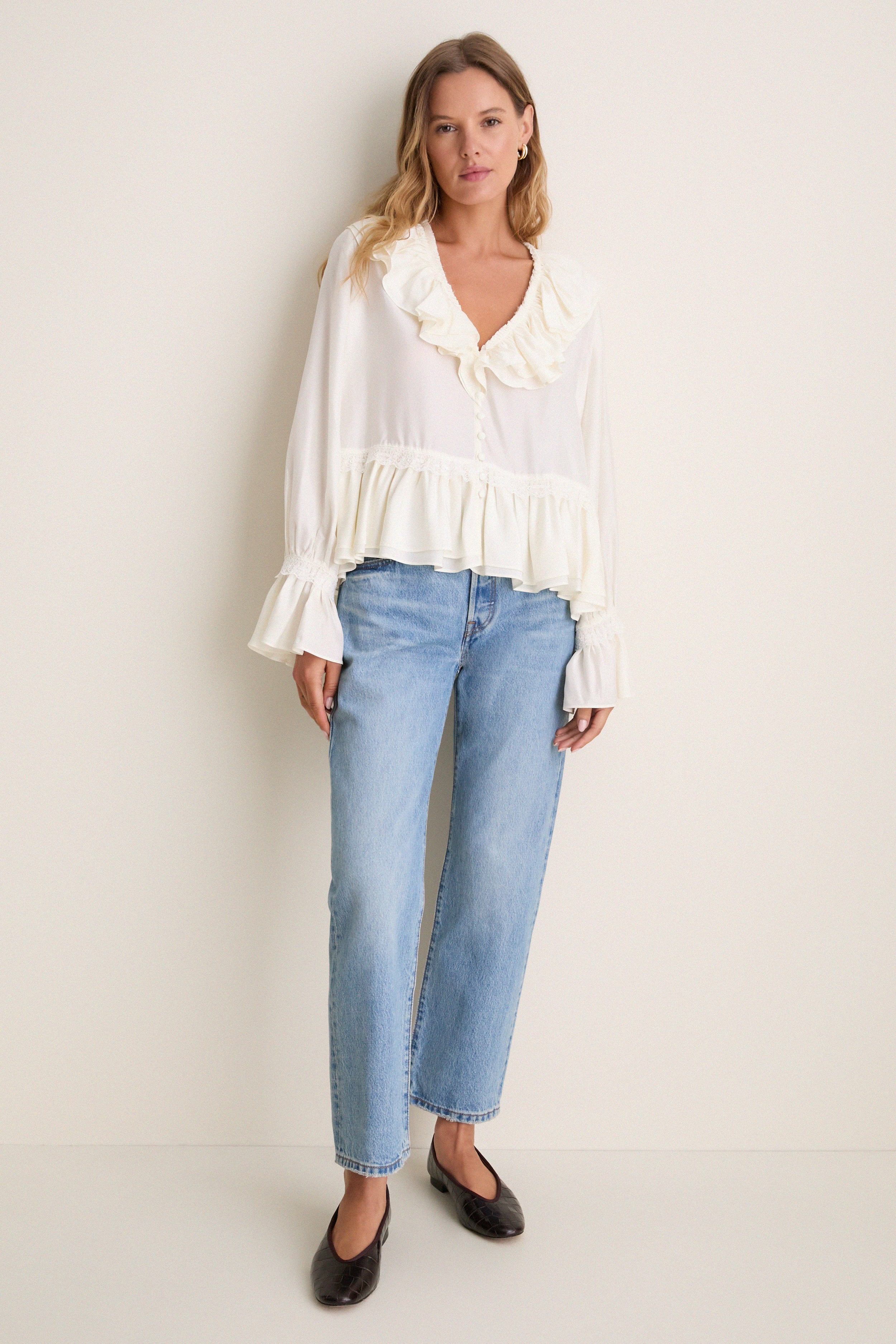 トップス #Yoli Frilled blouse gatherandtools Egret Viscose Silk Habotai Frill Blouse | GANNI