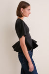 Black Duchesse Satin Peplum Zip Blouse