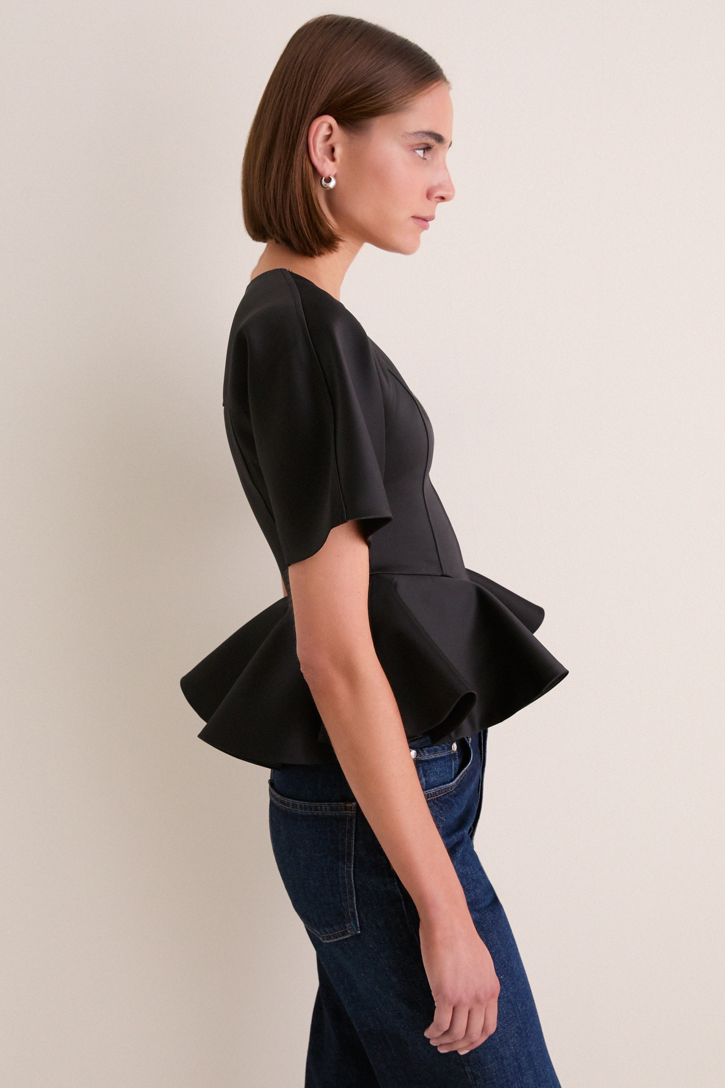 Black Duchesse Satin Peplum Zip Blouse