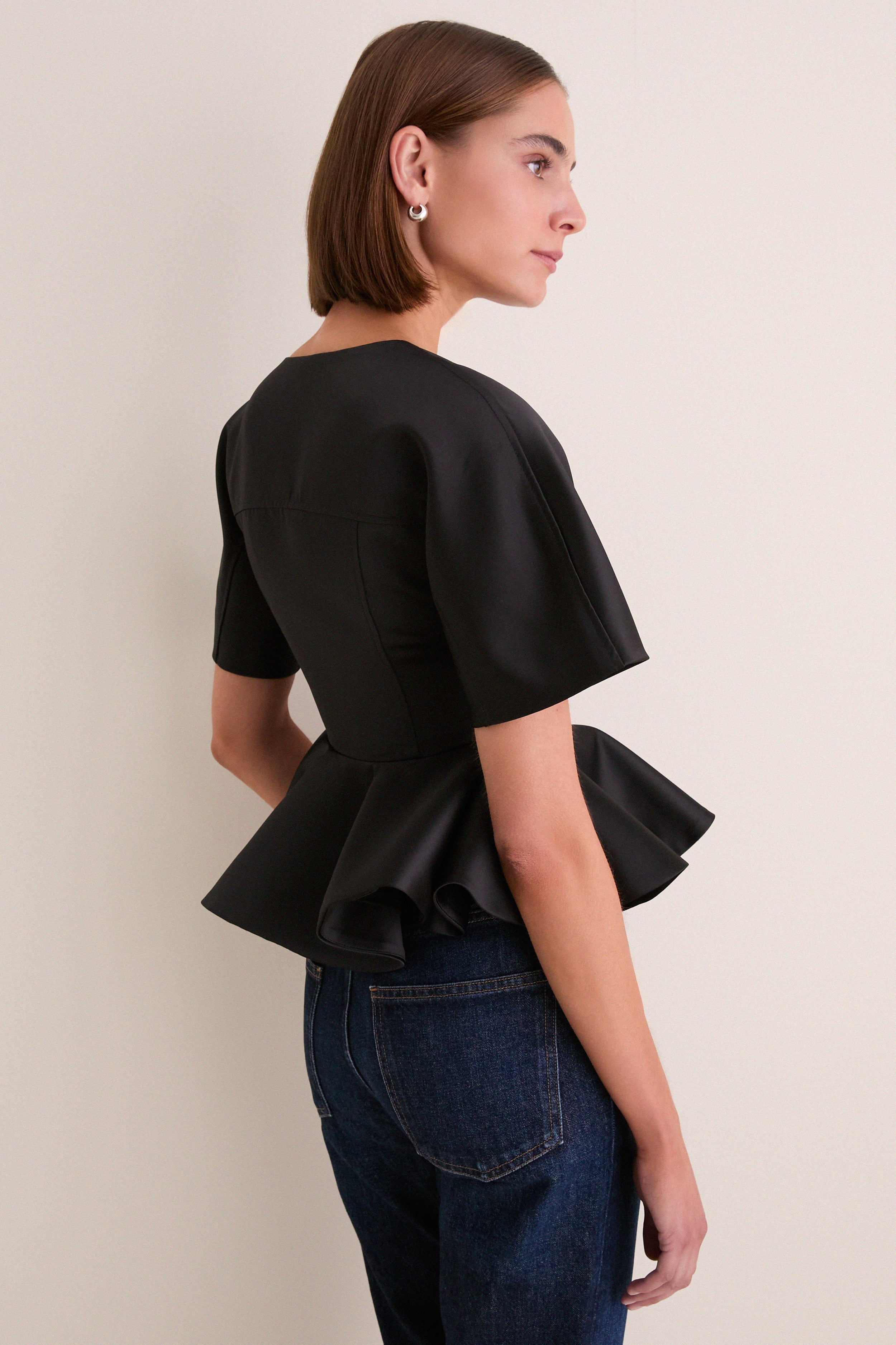 Black Duchesse Satin Peplum Zip Blouse