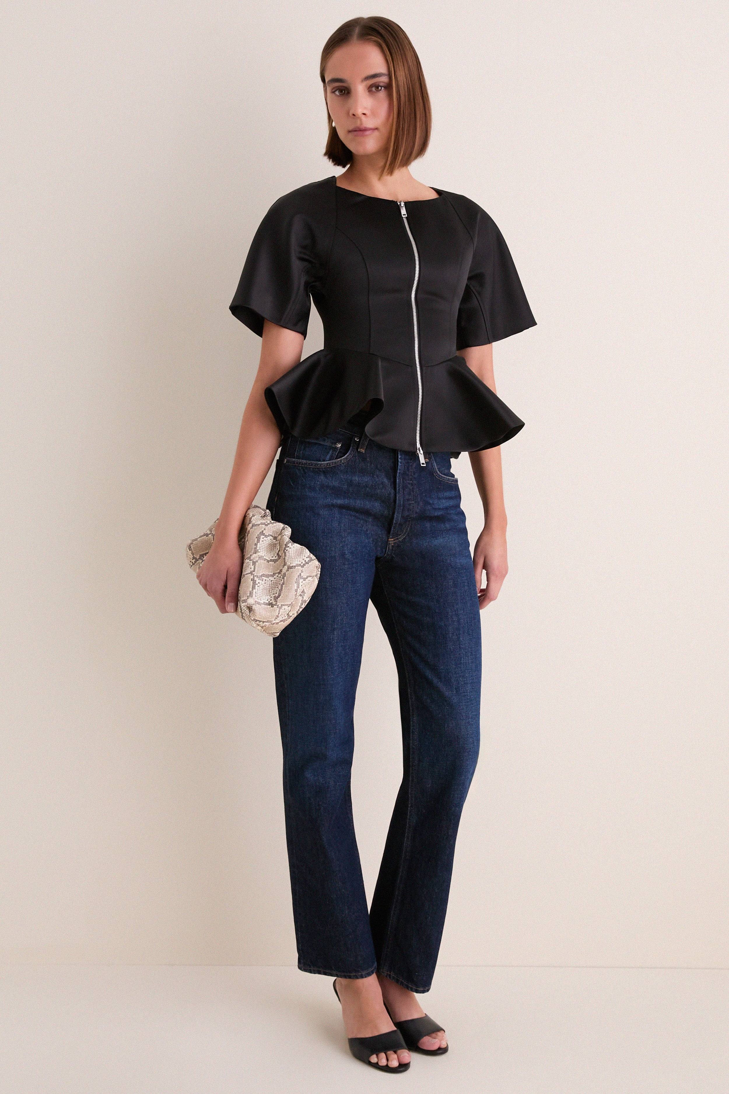 Black Duchesse Satin Peplum Zip Blouse | GANNI