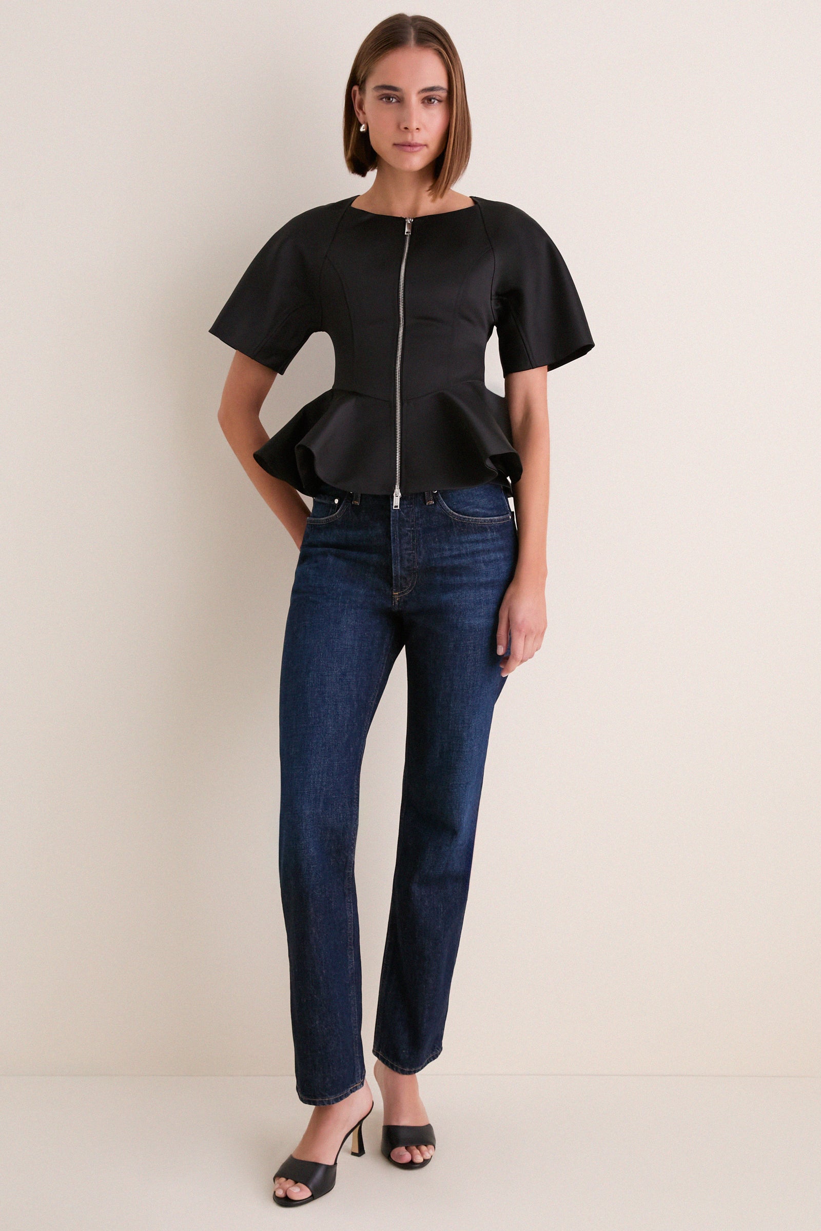 Black Duchesse Satin Peplum Zip Blouse