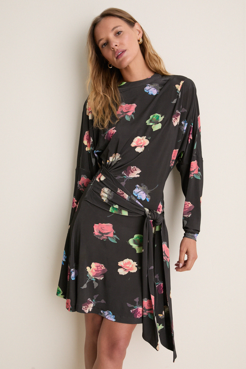 Black Sand Printed Shiny Jersey Draped Mini Dress
