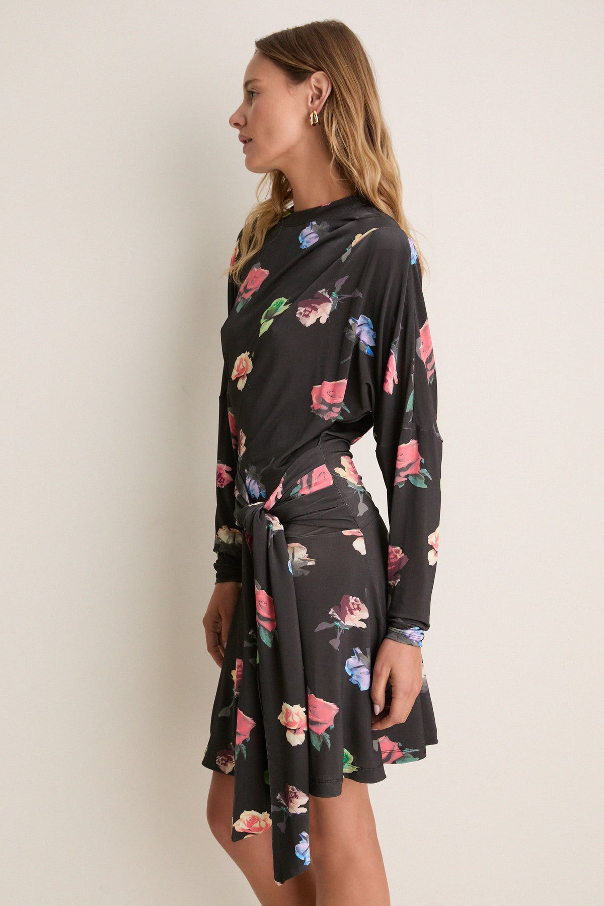 Black Sand Printed Shiny Jersey Draped Mini Dress