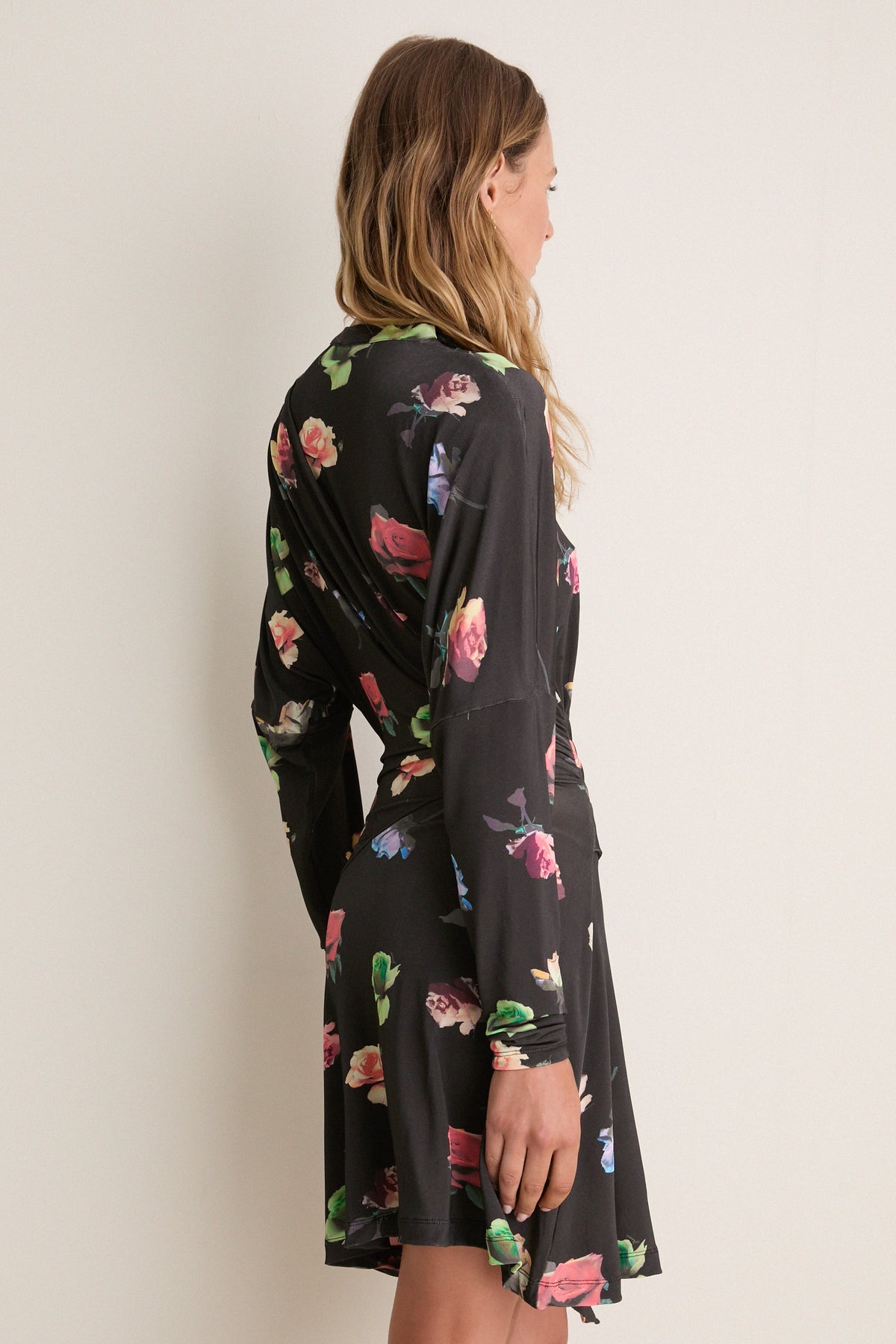 Black Sand Printed Shiny Jersey Draped Mini Dress