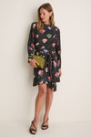 Black Sand Printed Shiny Jersey Draped Mini Dress