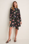Black Sand Printed Shiny Jersey Draped Mini Dress